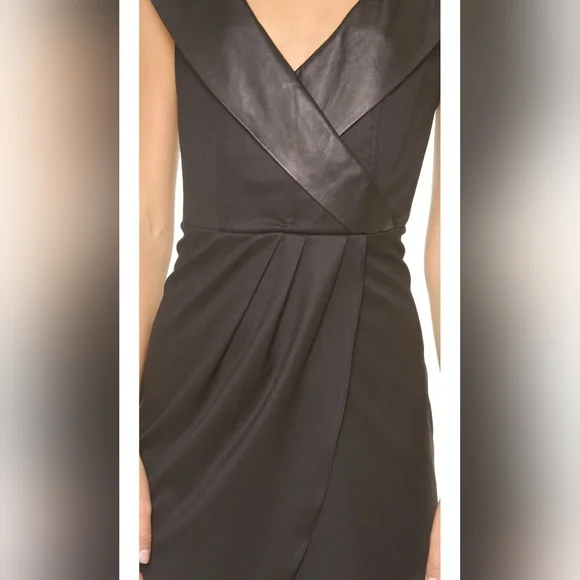 Alice + olivia Shayna Leather Trim Shawl Collar Faux Wrap Black Dress - Picture 8 of 15